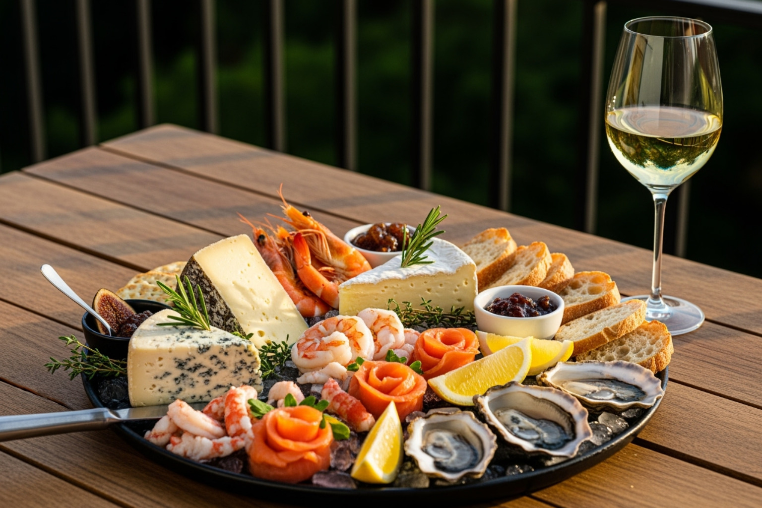 a gourmet food platter featuring local cheeses and seafood, paired with a glass of white wine - great ocean road wineries