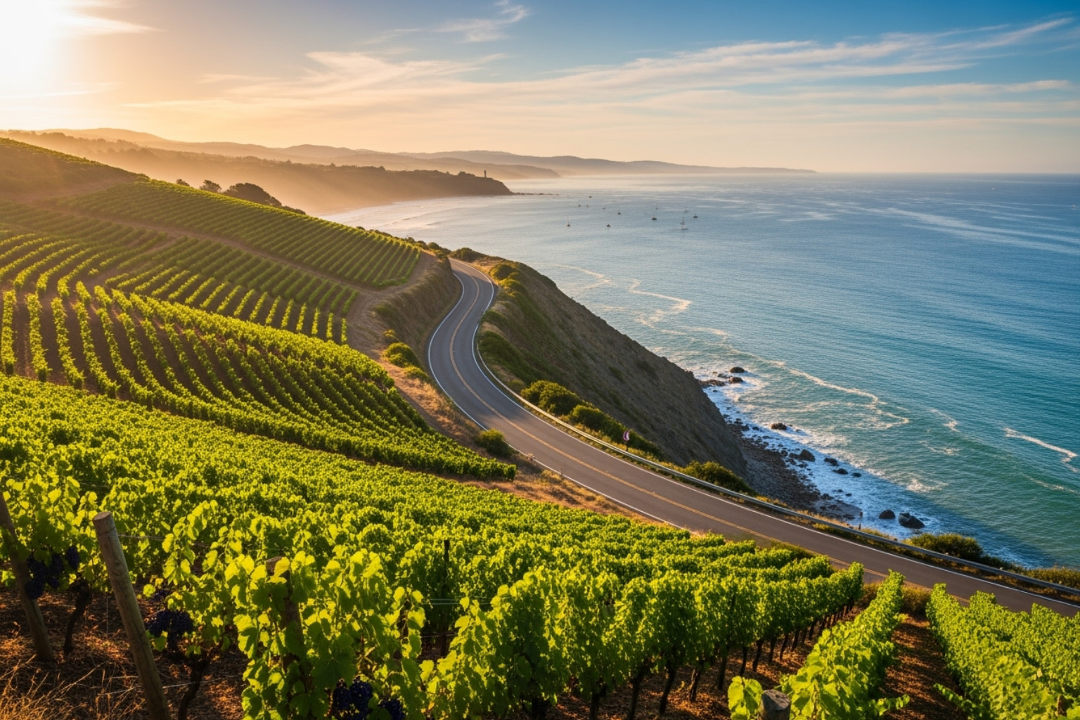 A scenic view of the Great Ocean Road winding along the coast with vineyards in the distance - great ocean road wineries