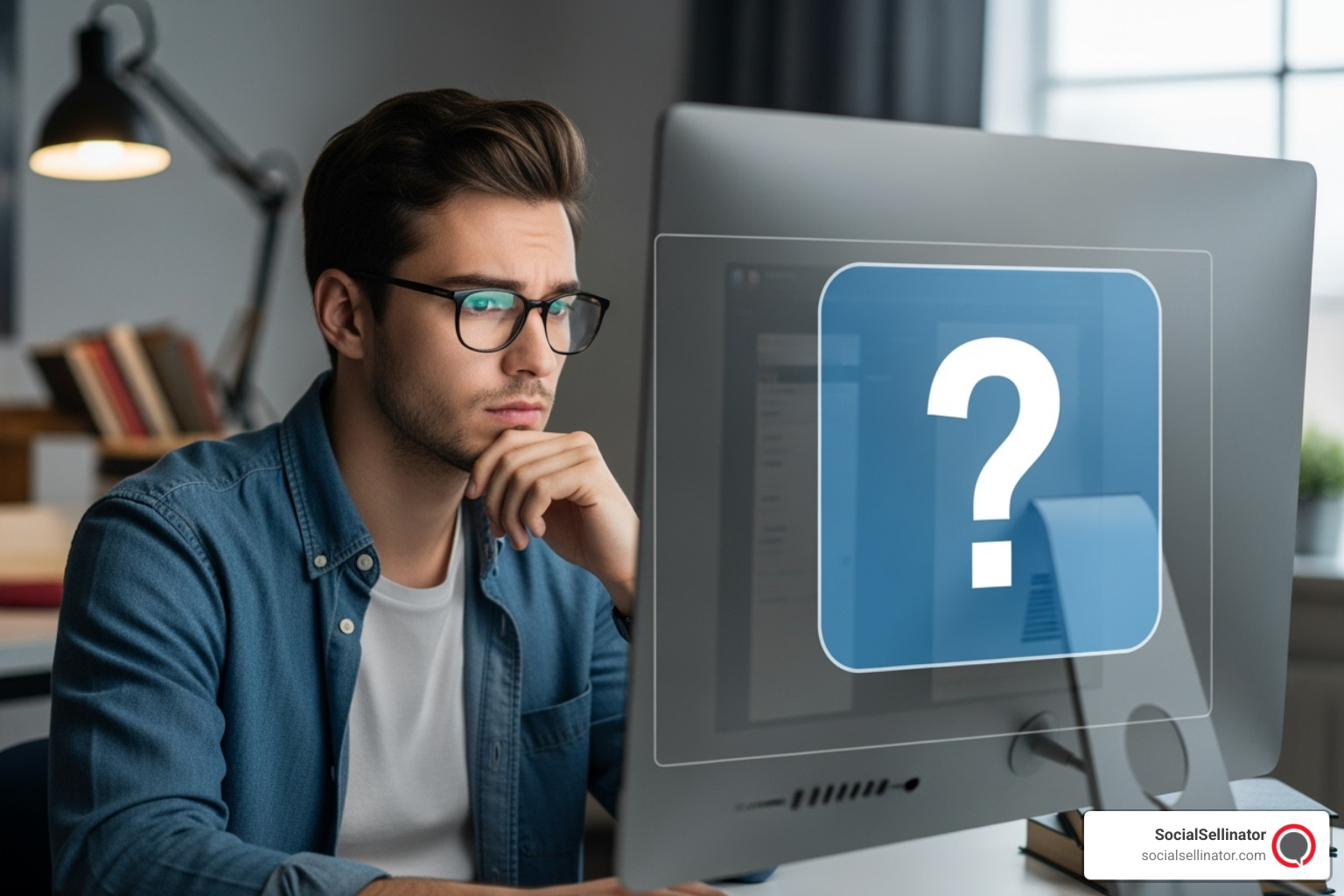 Person looking thoughtfully at a computer screen with a question mark overlay, representing common questions about social media management services - social media management services