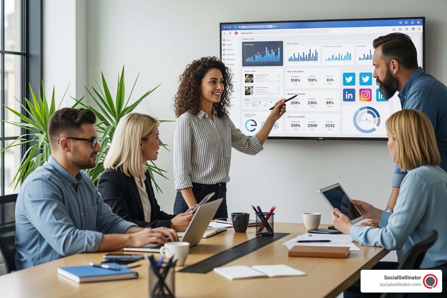 Social media analytics dashboard showing key performance indicators like engagement rate, reach, impressions, click-through rate, and conversion data over time - social media management services