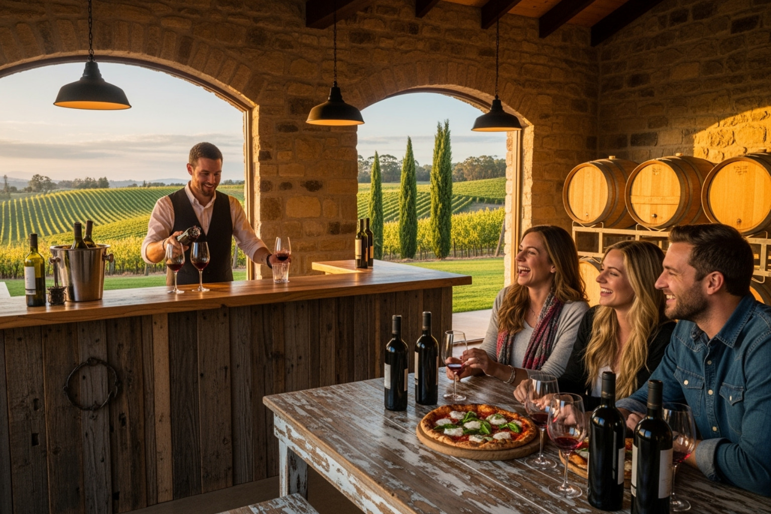 Bellbrae Estate's cellar door with people enjoying pizza and wine - great ocean road wineries