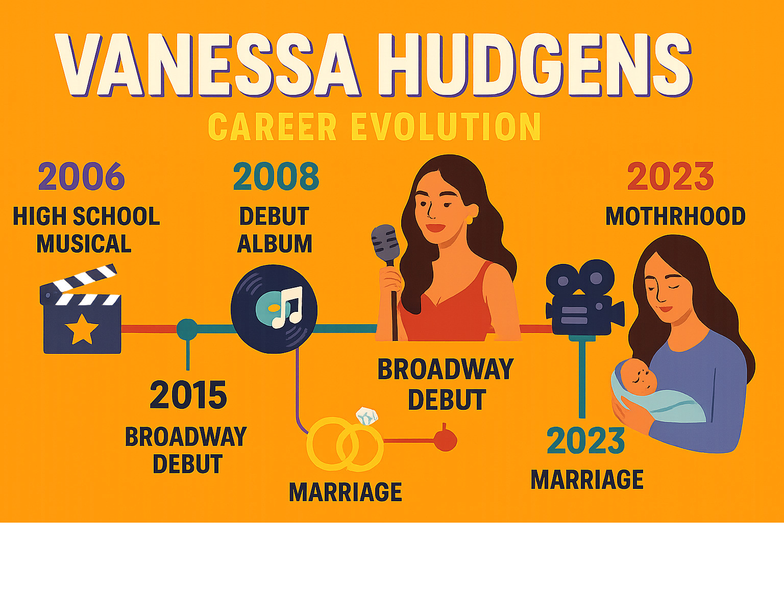 Timeline infographic showing Vanessa Hudgens' career evolution from High School Musical debut in 2006 through major milestones including music albums, Broadway performances, film roles, marriage to Cole Tucker, and recent motherhood -  vanessa hudgens infographic 