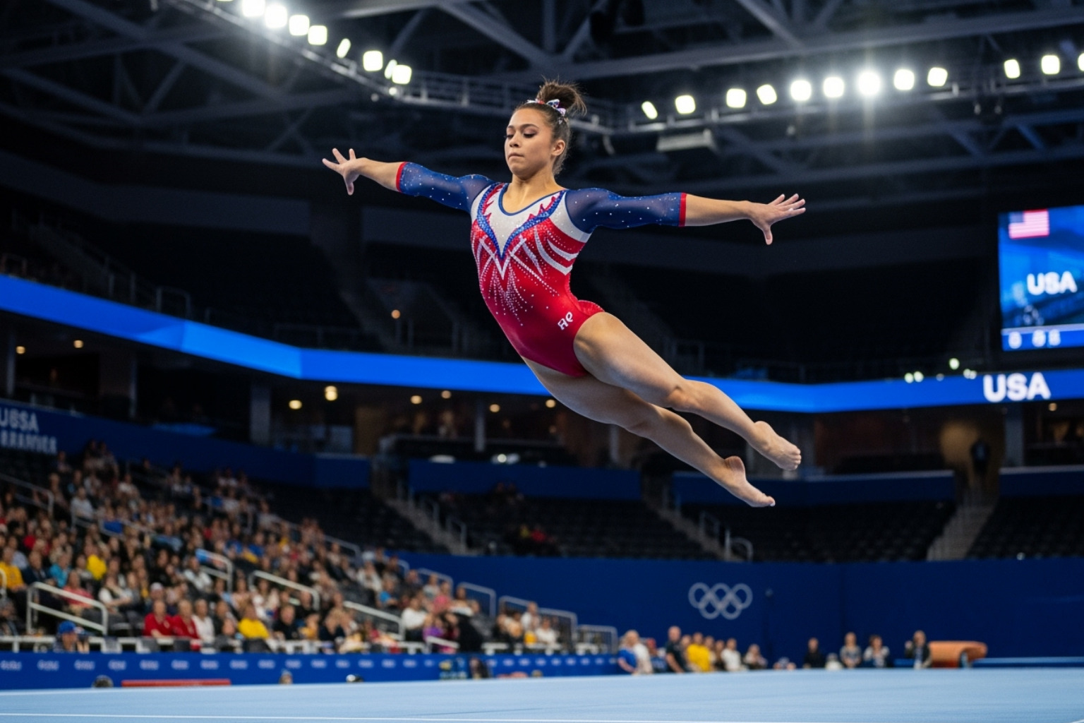 Jade Carey mid-air during her floor exercise routine -  jade carey