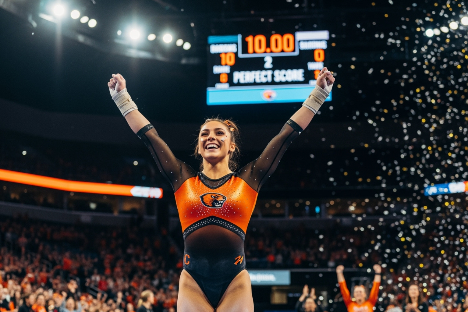 Jade Carey celebrating a perfect 10 score in her Oregon State Beavers leotard -  jade carey