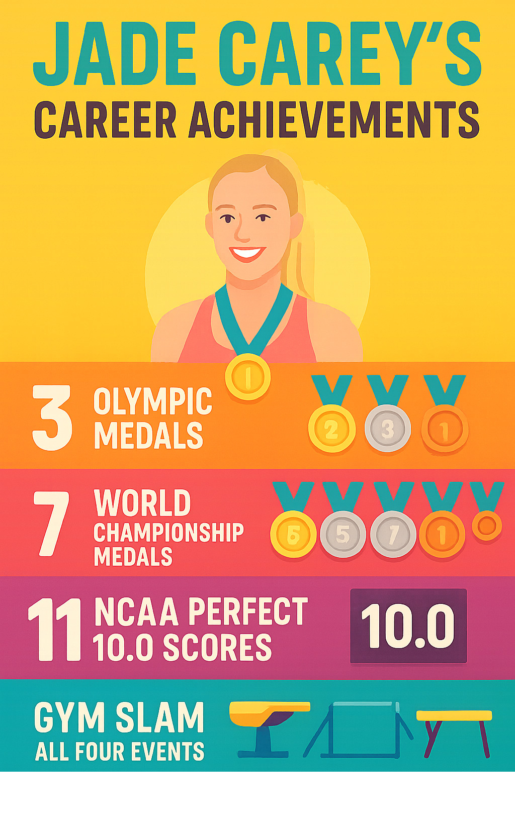 Infographic showing Jade Carey's career achievements: 3 Olympic medals (2 Gold, 1 Bronze), 7 World Championship medals (3 Gold, 3 Silver, 1 Bronze), 11 NCAA perfect 10.0 scores, and Gym Slam completion across all four events -  jade carey infographic 