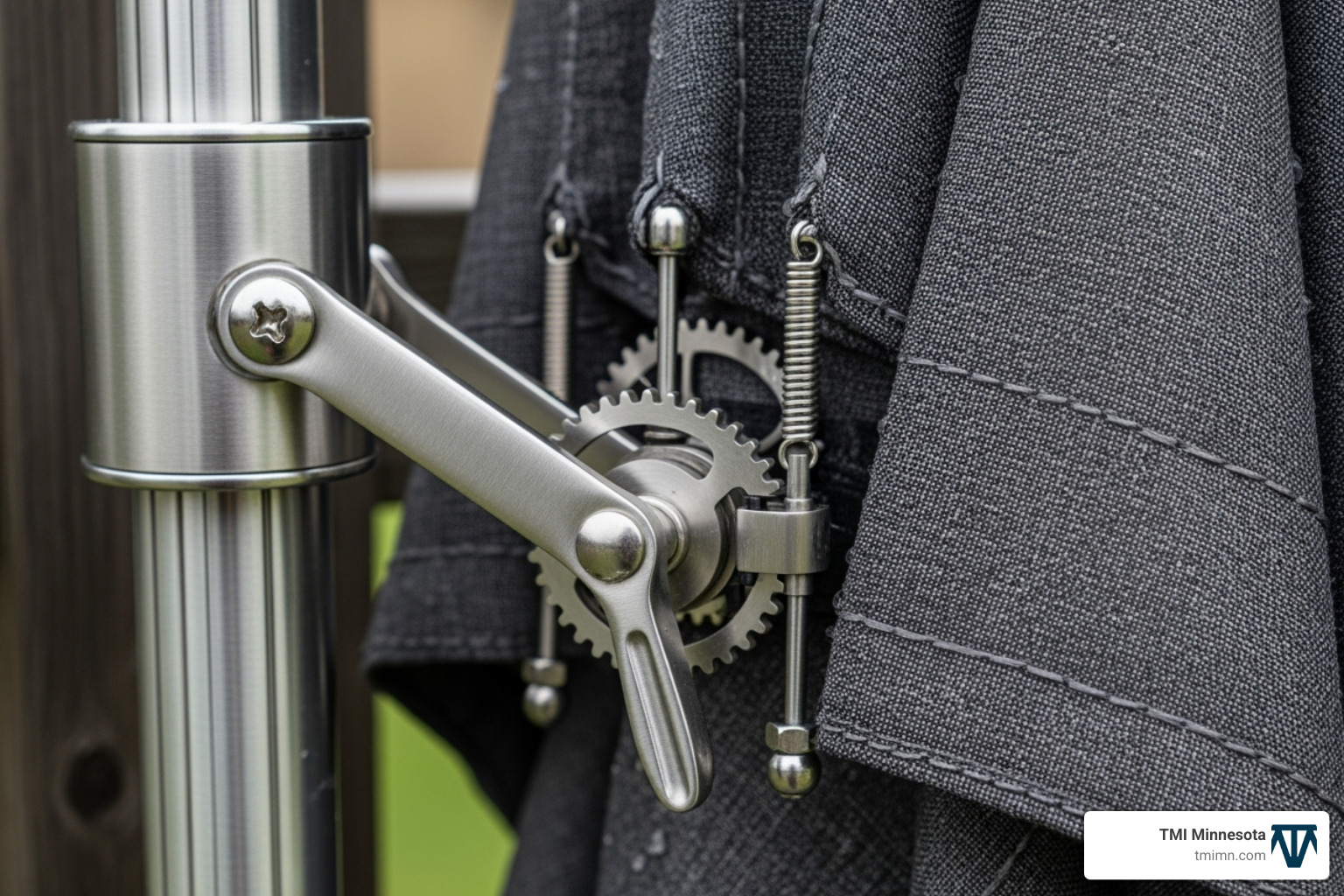 close-up of a high-quality tilt mechanism and durable, weather-resistant canopy fabric - fence mounted umbrella close-up of a high-quality tilt mechanism and durable, weather-resistant canopy fabric - fence mounted umbrella
