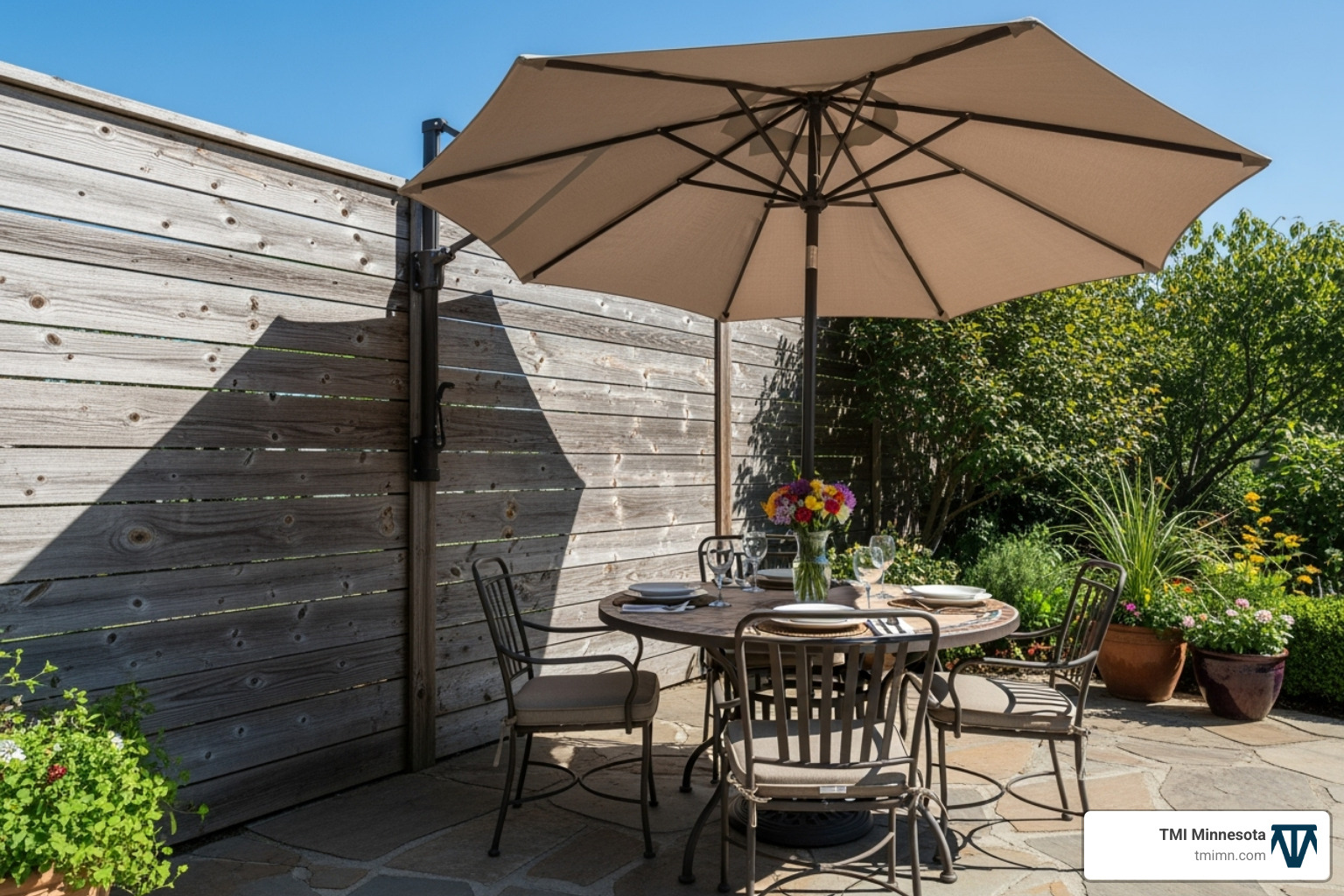 fence mounted umbrella attached to a wooden fence, shading an outdoor dining area - fence mounted umbrella fence mounted umbrella attached to a wooden fence, shading an outdoor dining area - fence mounted umbrella