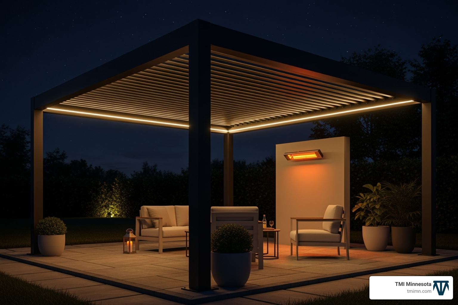 pergola at night with integrated LED lighting and a heater on - electric pergola