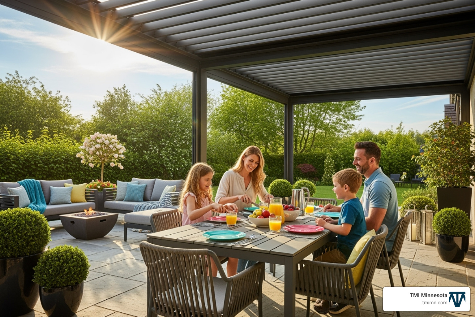 family enjoying a sunny day under a partially open electric pergola - electric pergola