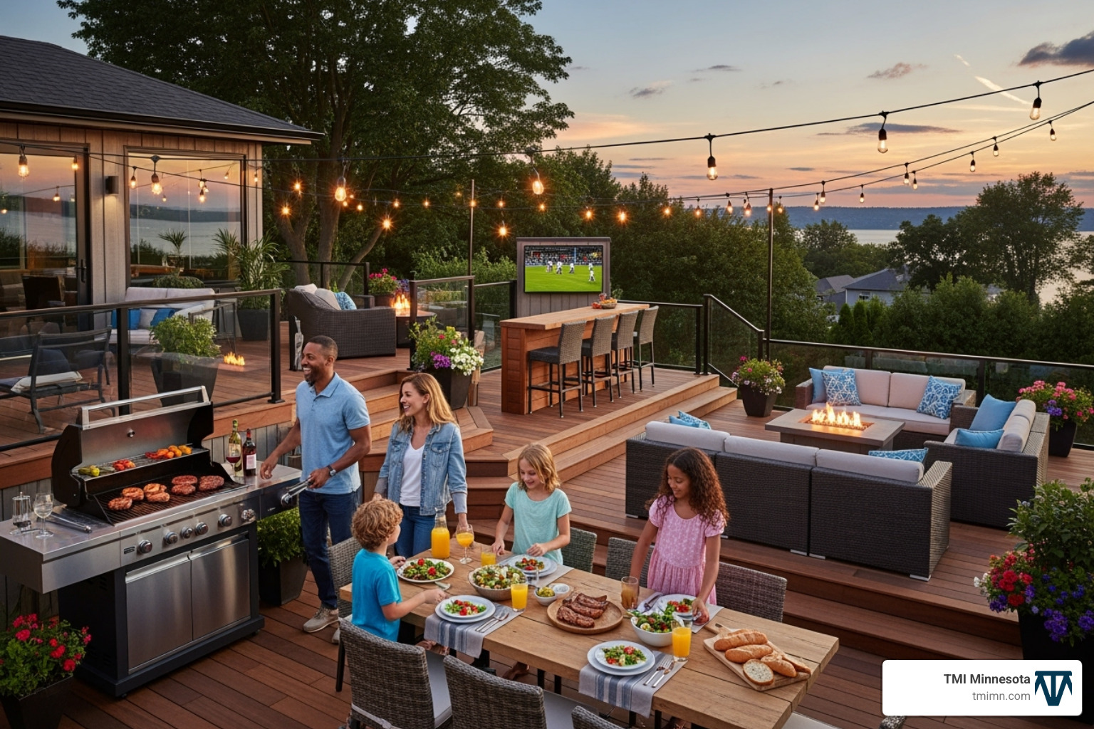 A family enjoying a meal on a spacious, well-furnished custom deck, highlighting its use as an entertainment hub. - custom deck builder