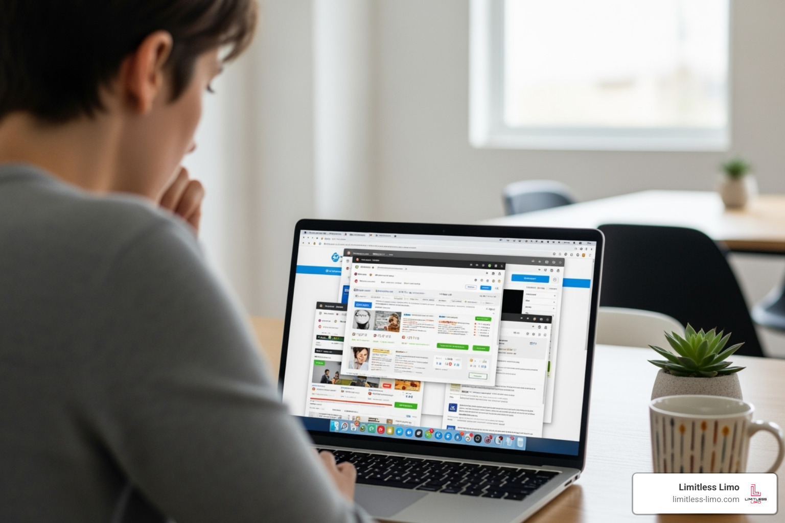 Person on a laptop comparing different limo rental websites and quote emails - best deals on limo rentals