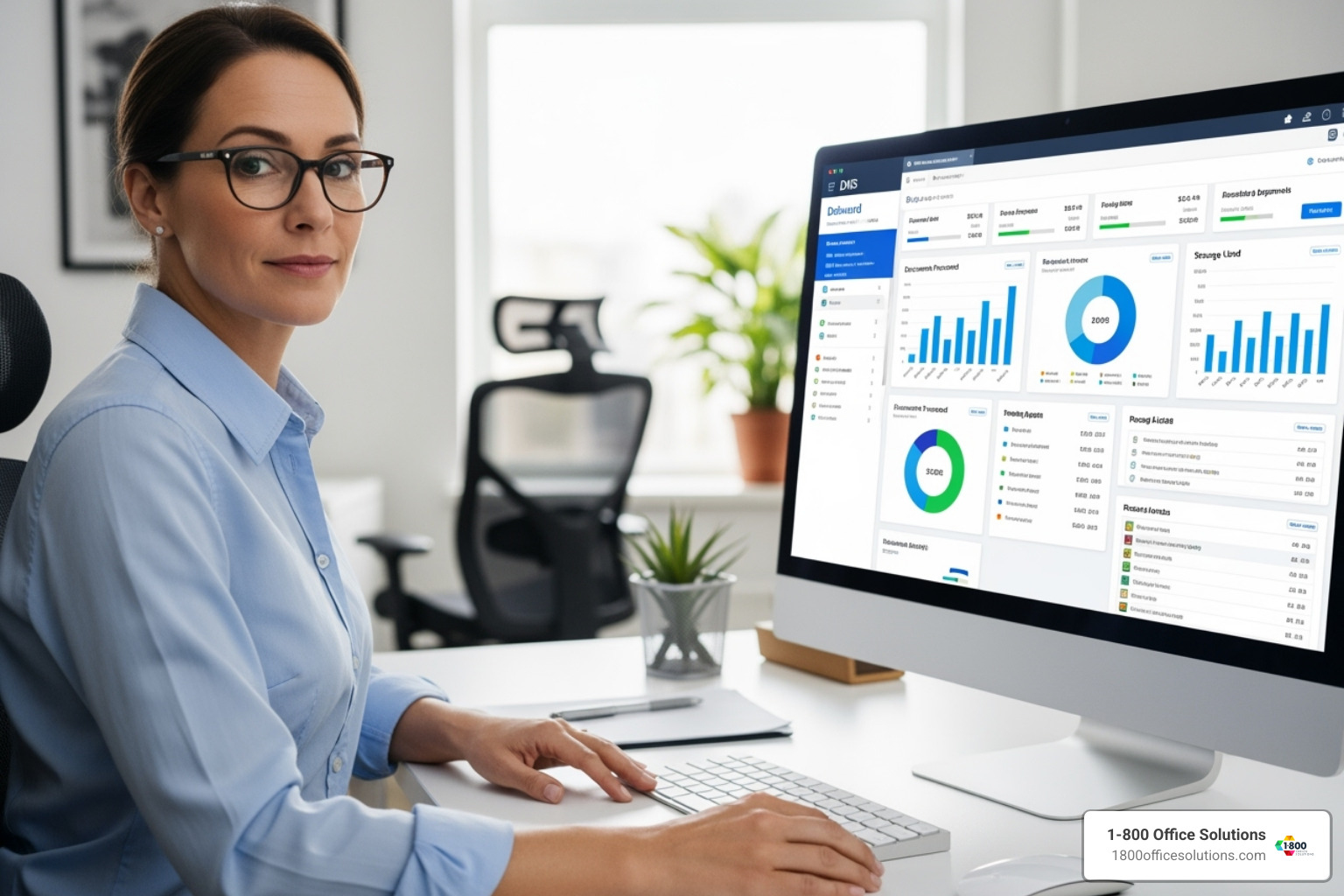 business owner looking confidently at a screen displaying a DMS dashboard - document management system benefits business owner looking confidently at a screen displaying a DMS dashboard - document management system benefits