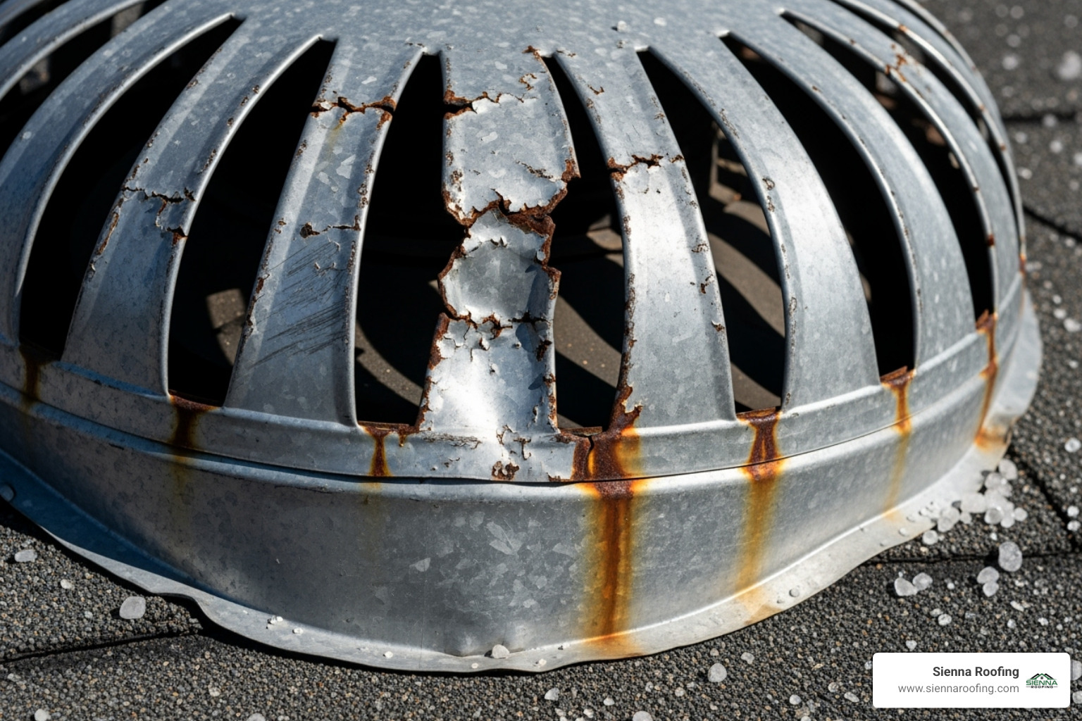 a dented metal roof vent or air conditioning unit - hail damage to asphalt shingles