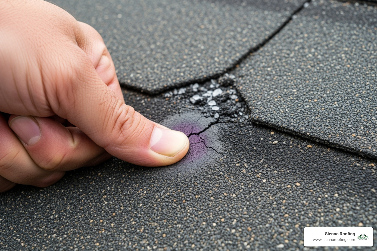 a bruised shingle that feels soft to the touch - hail damage to asphalt shingles