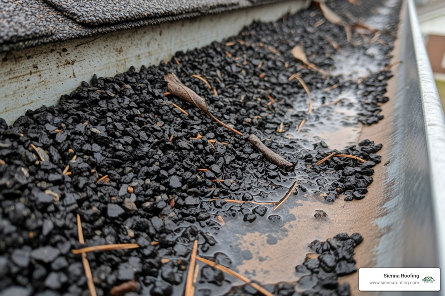 shingle granule loss in a gutter - hail damage to asphalt shingles