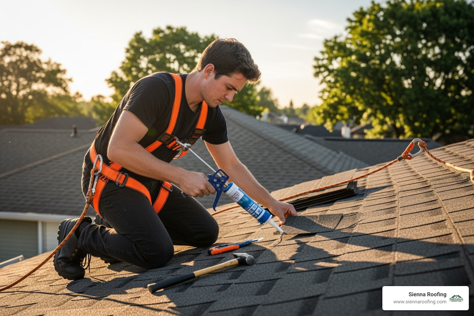 person on a roof wearing a safety harness and non-slip boots - quick roof repairs