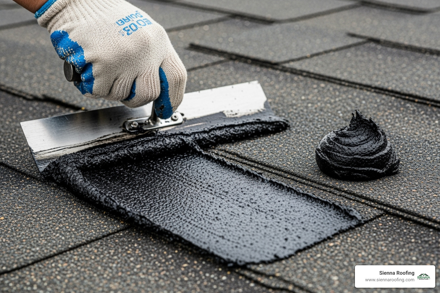 roofing cement being applied with a trowel to a shingle - quick roof repairs