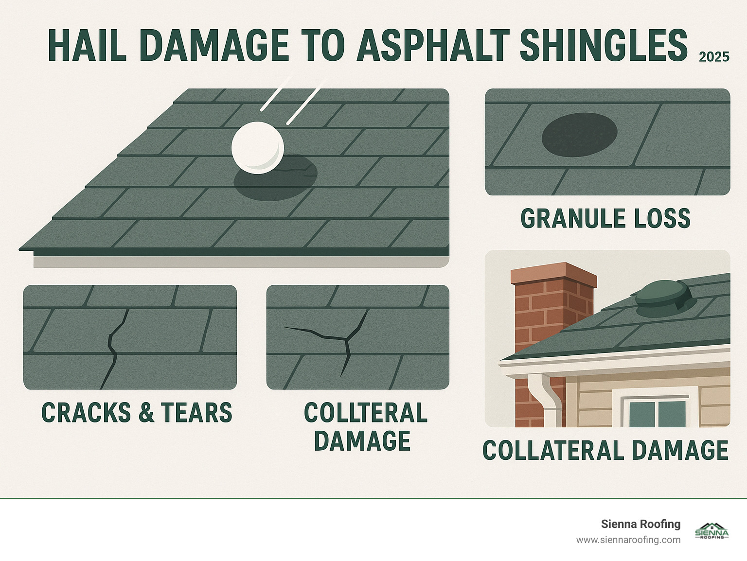 Comprehensive guide showing visual indicators of hail damage on asphalt shingles including granule loss patterns, bruising identification, crack locations, and collateral damage signs around the property - hail damage to asphalt shingles infographic 