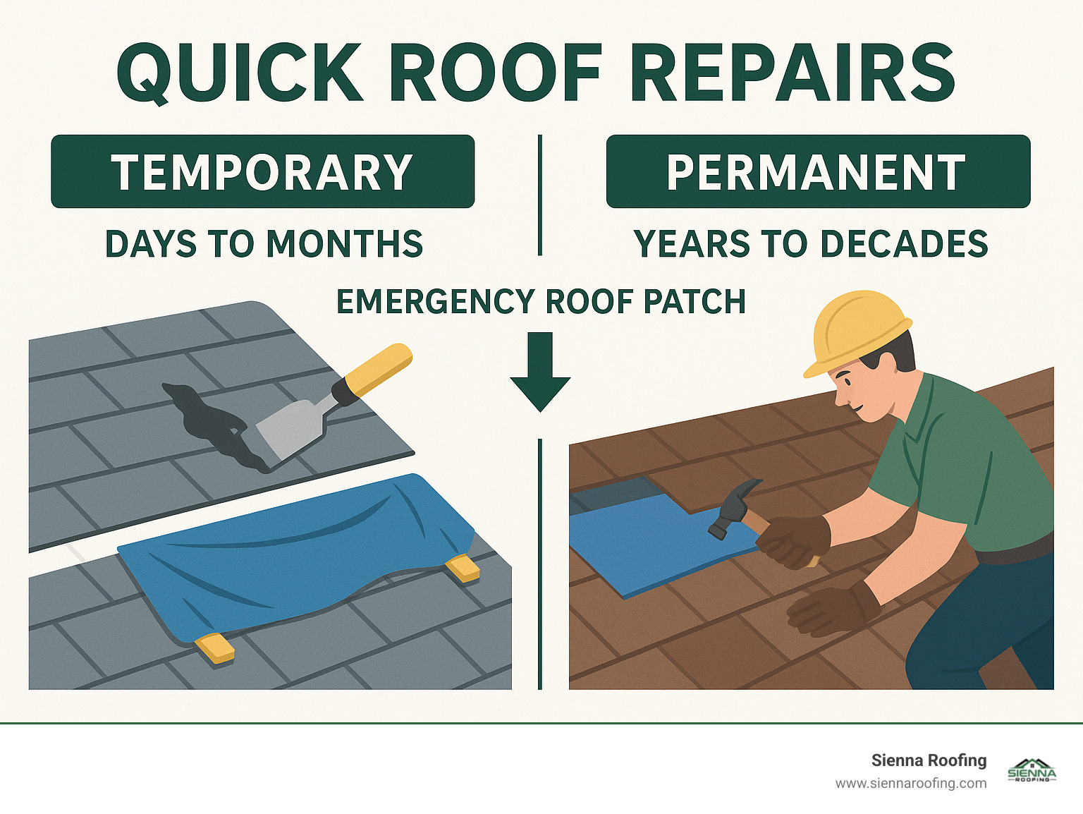 Infographic showing the difference between temporary emergency roof patches (lasting days to months) and permanent professional roof repairs (lasting years to decades), with visual examples of roofing cement, tarps, and professional shingle installation - quick roof repairs infographic 