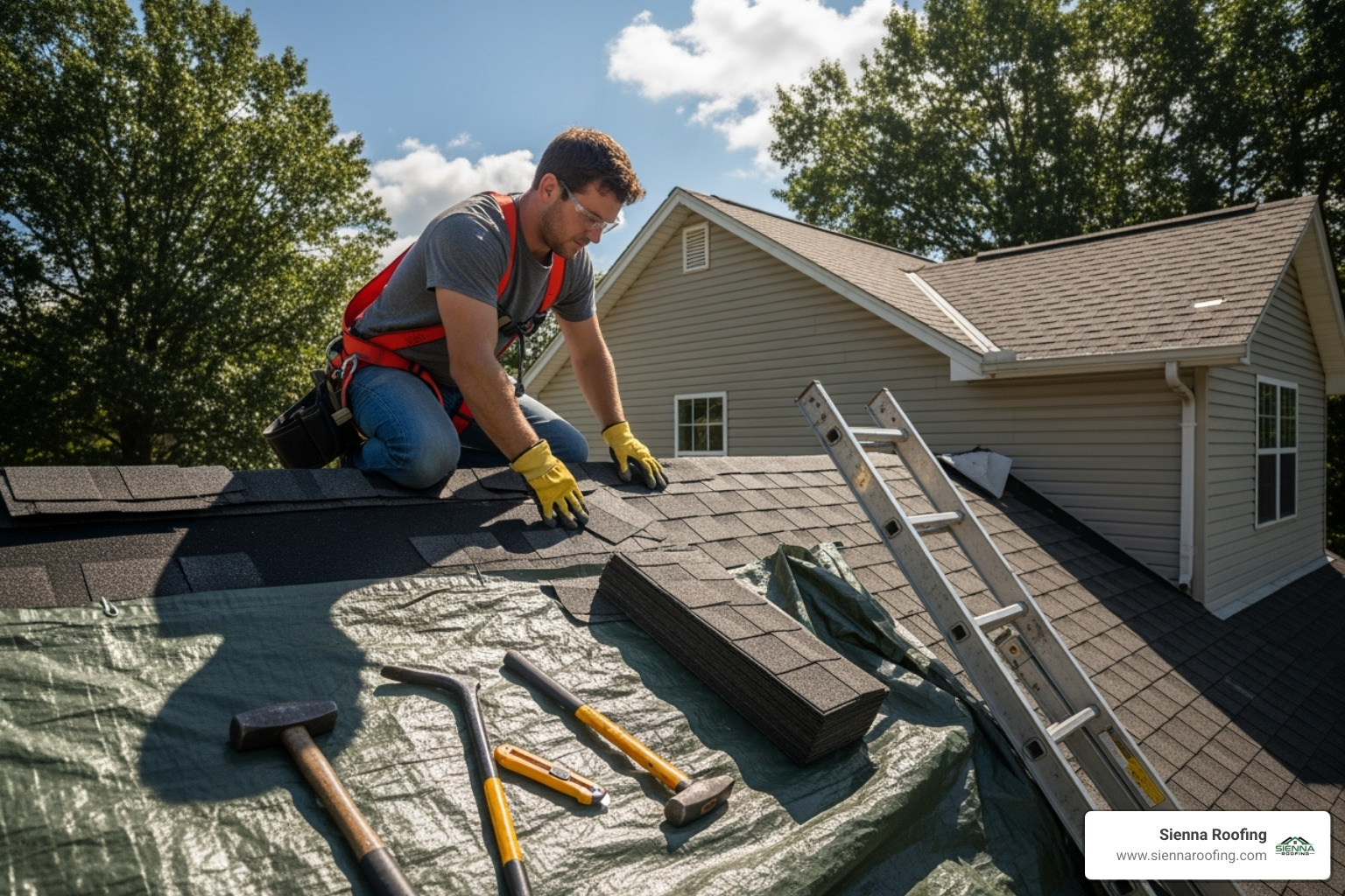 homeowner safely working on a roof repair - how to repair roof shingles