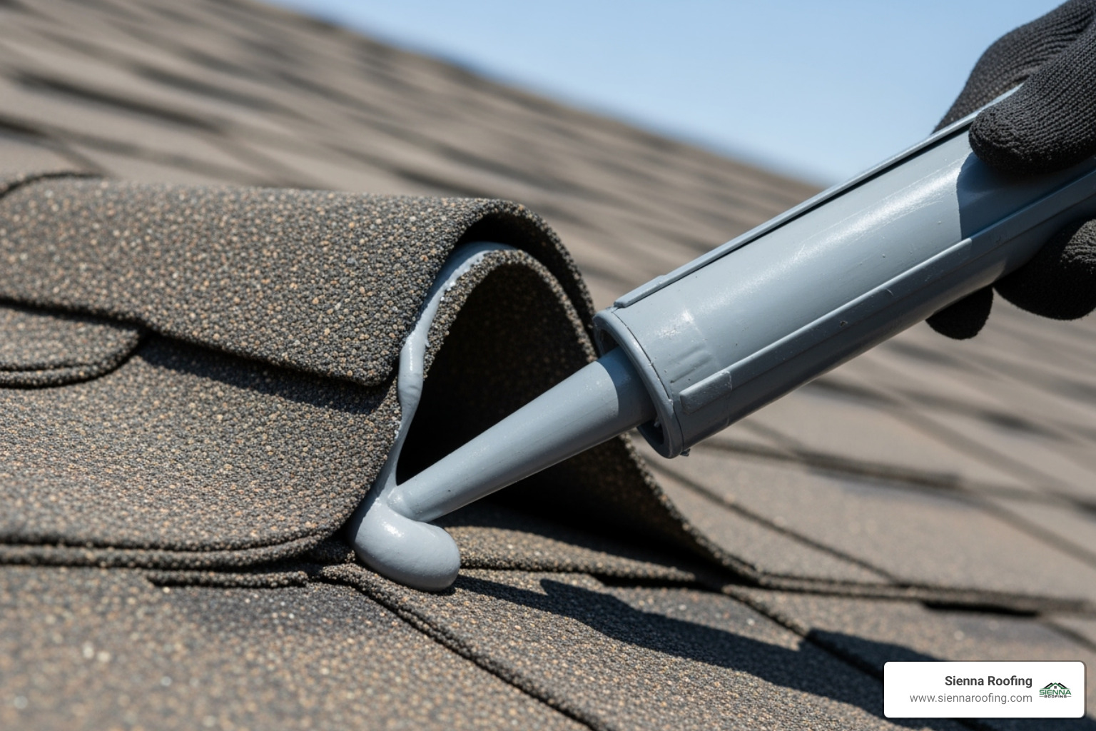 roofing sealant being applied under a curled shingle corner - how to repair roof shingles
