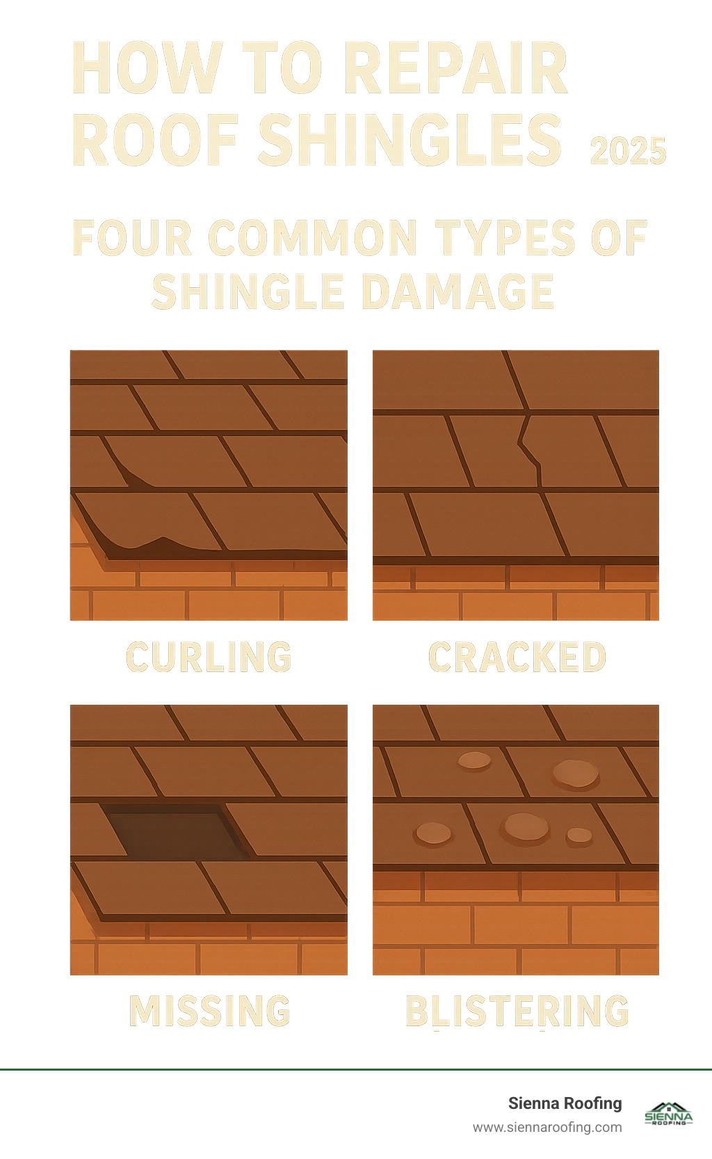 Infographic showing the four most common types of shingle damage: curling corners with upward lifting edges, cracked shingles with visible splits, missing shingles showing gaps in roof coverage, and blistering shingles with bubble-like raised areas - how to repair roof shingles infographic