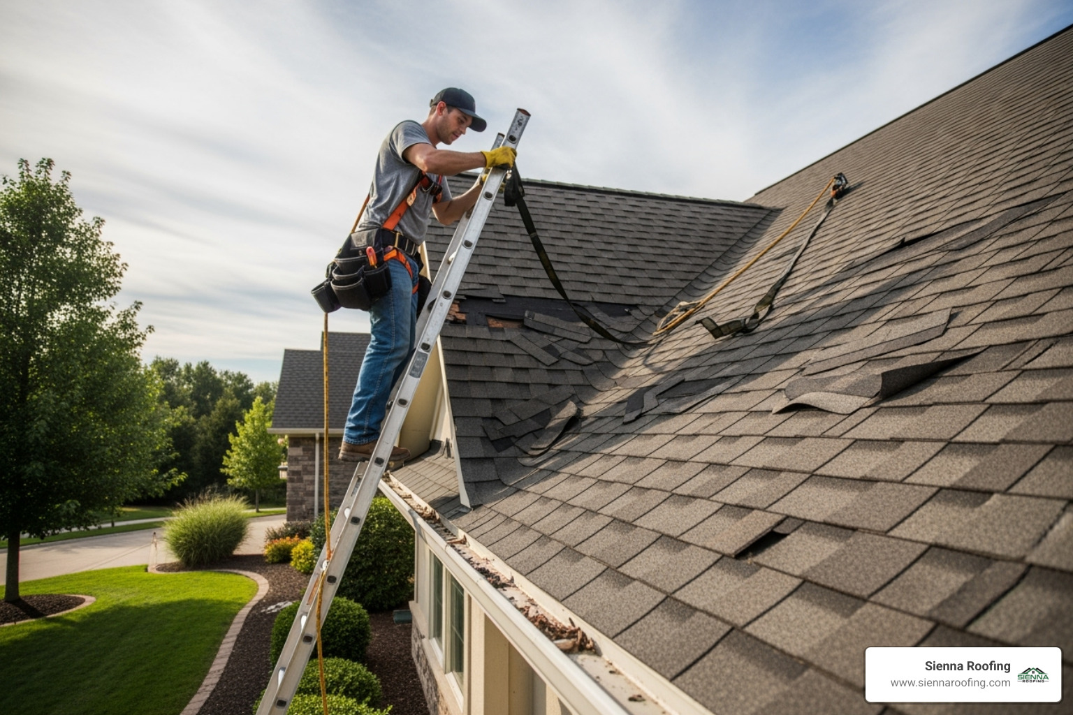 roofer on a ladder inspecting shingle damage - cheap roof replacement near me