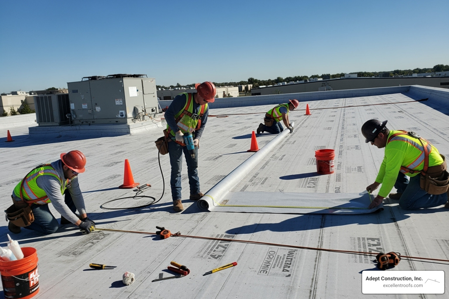 professional roofing crew working safely on a commercial roof - commercial roofing services illinois*