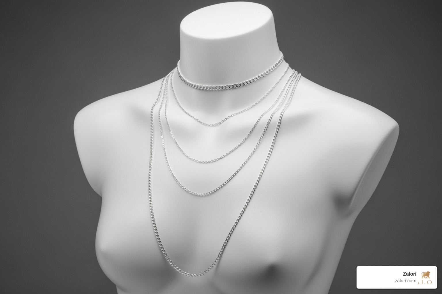 chart showing different chain lengths on a mannequin's neckline - authentic silver chain