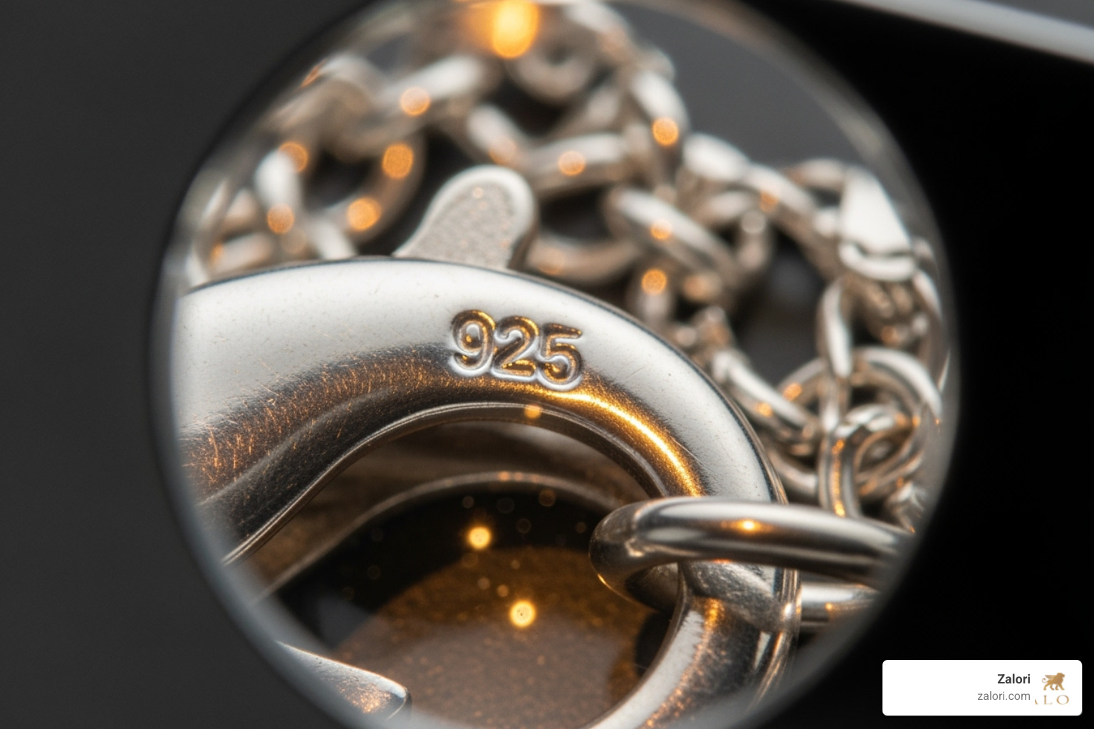 jeweler's loupe examining a "925" hallmark on a chain's clasp - authentic silver chain