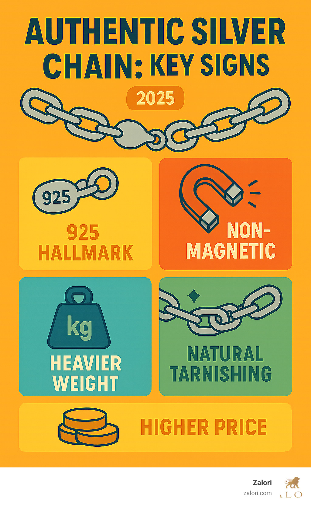 Infographic showing 5 key identification methods for authentic silver chains: checking for 925 hallmark stamps, performing magnet test for non-magnetic properties, assessing heavier weight compared to fakes, observing natural tarnishing over time, and recognizing higher price points reflecting genuine silver content - authentic silver chain infographic