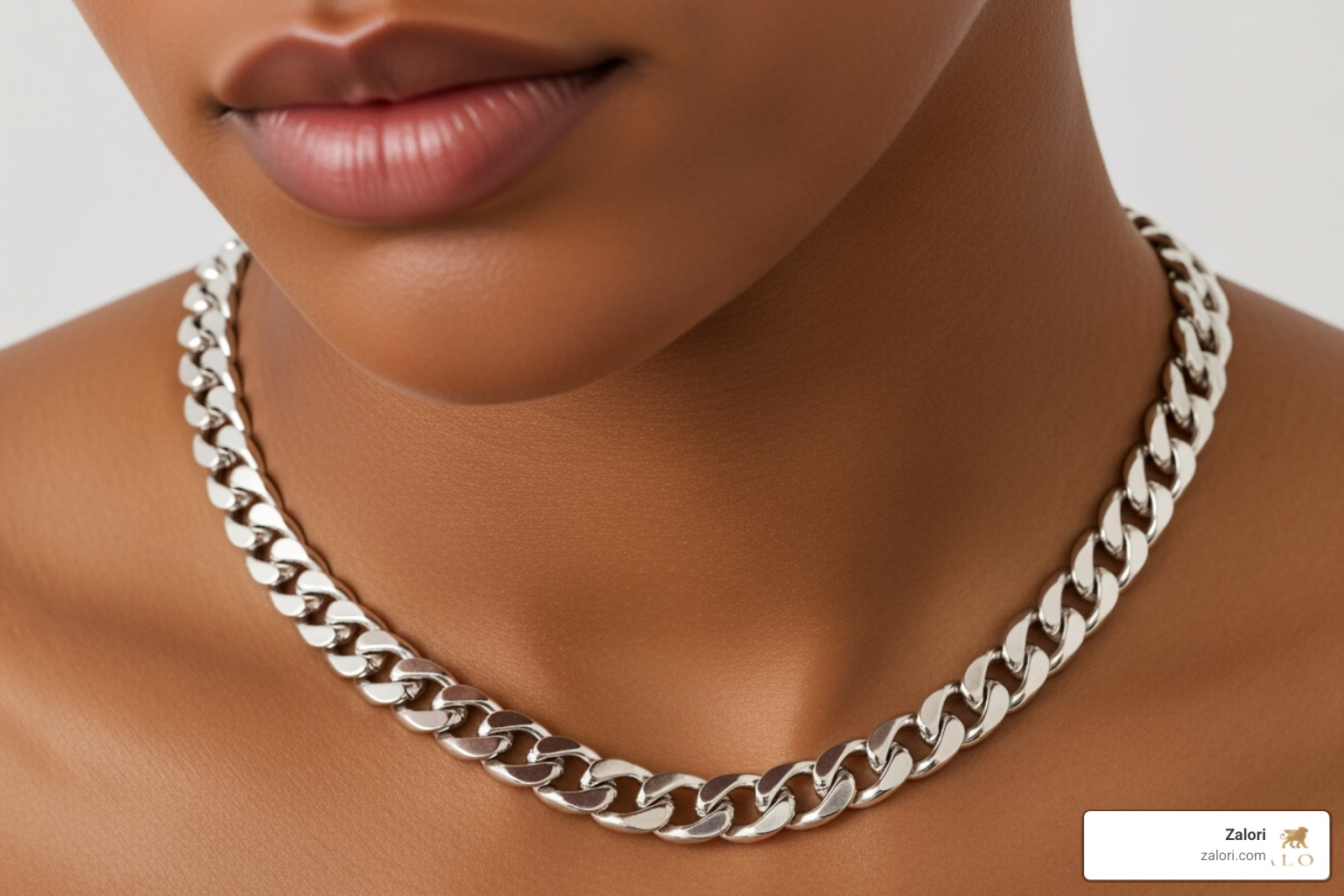 model wearing a silver Curb chain - pure silver chain