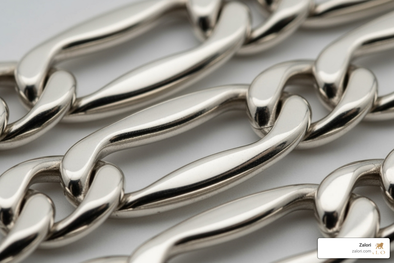 Figaro chain close-up, showing the pattern - pure silver chain