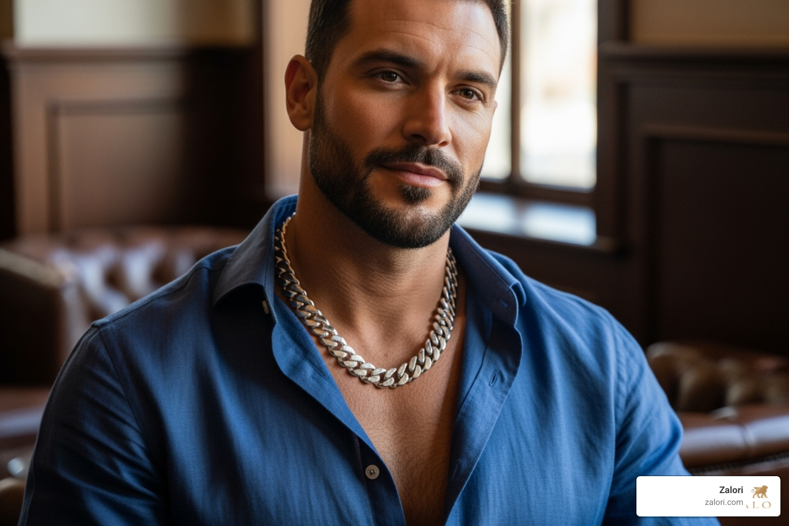 man wearing a single, substantial silver chain with an open-collar shirt - pure silver chain