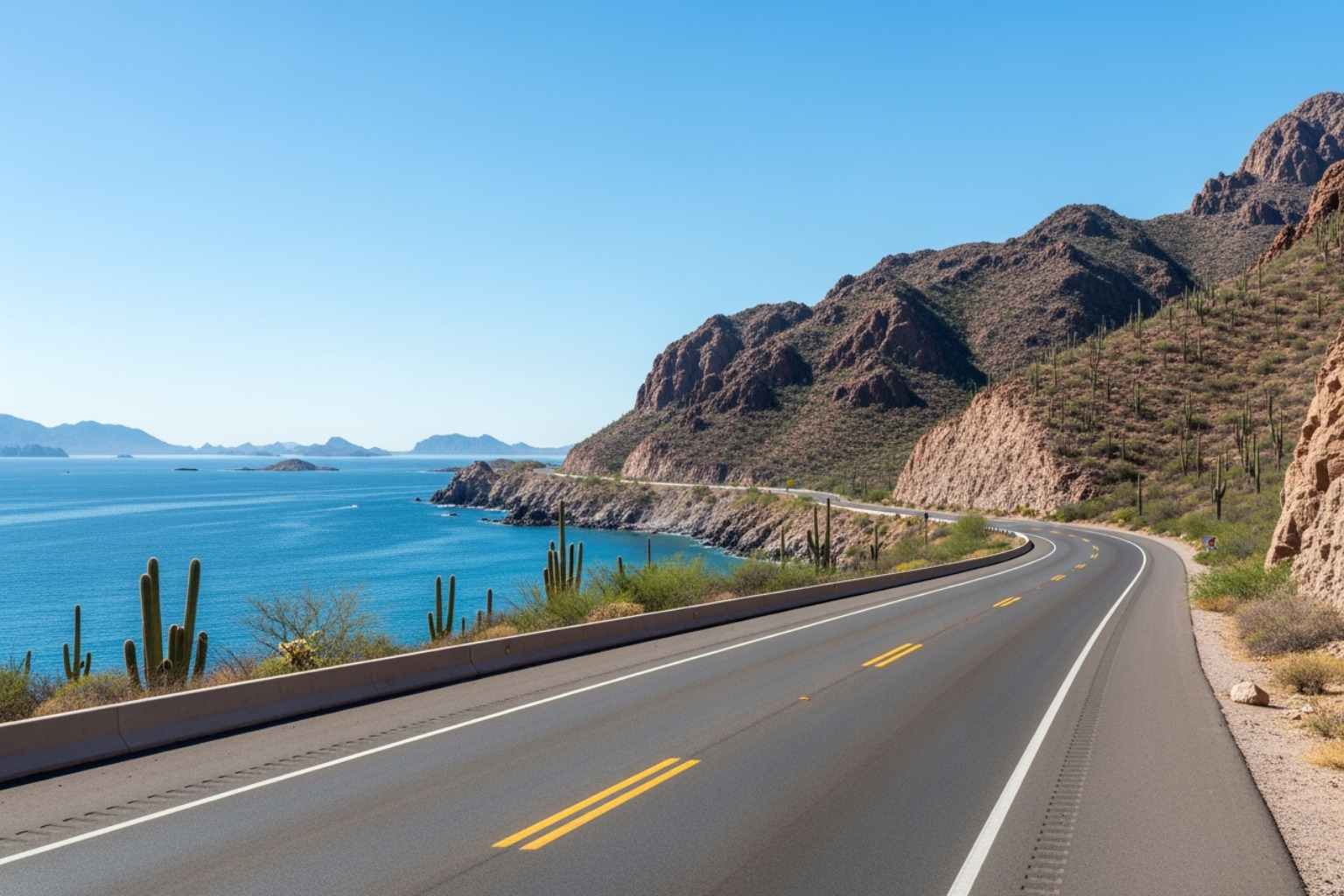 Image of the scenic Transpeninsular Highway with the Sea of Cortez view - Los Barriles airport shuttle