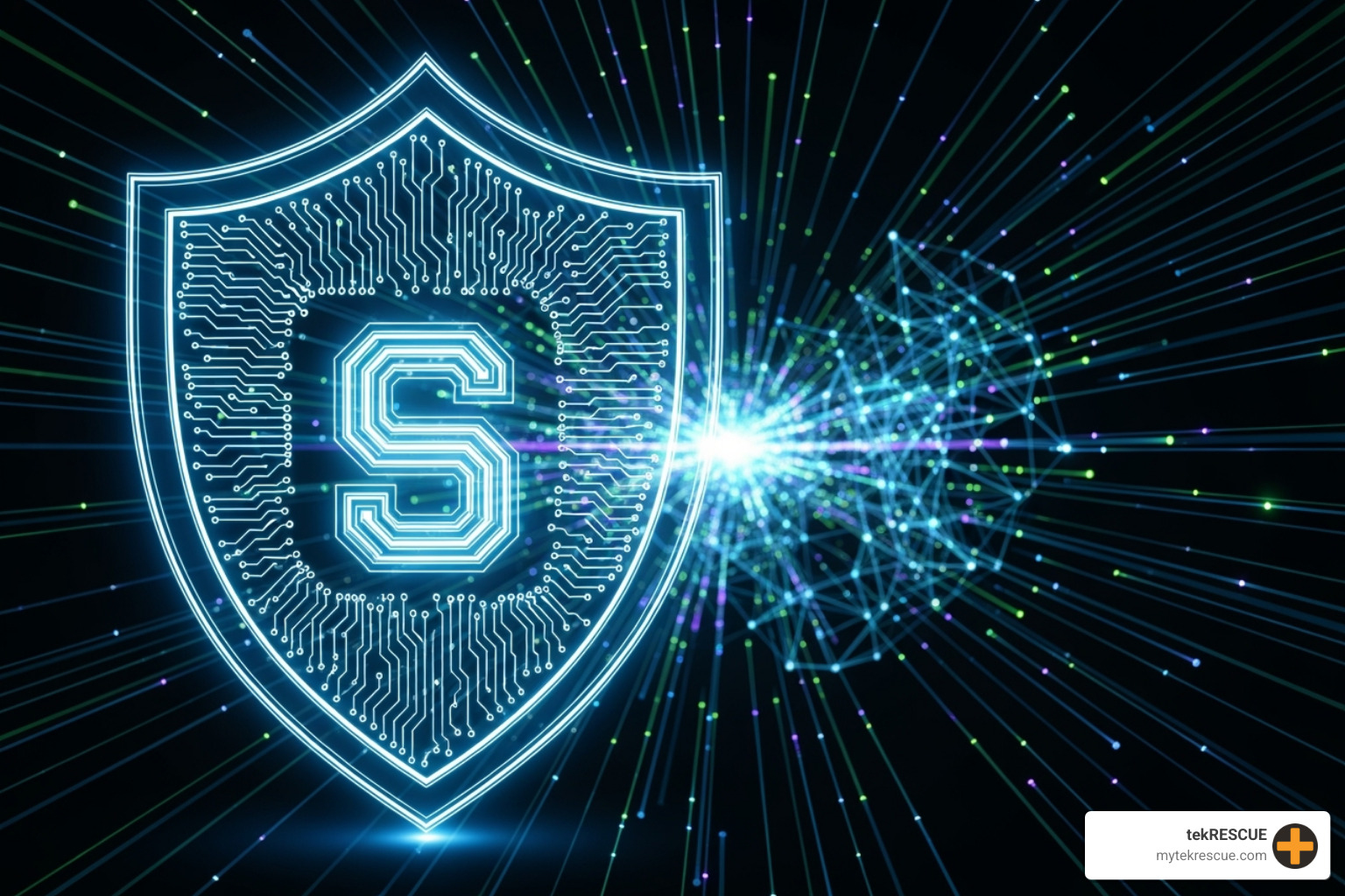 A stylized digital shield protecting a computer network, symbolizing robust cybersecurity measures - Business IT solutions Bastrop, TX