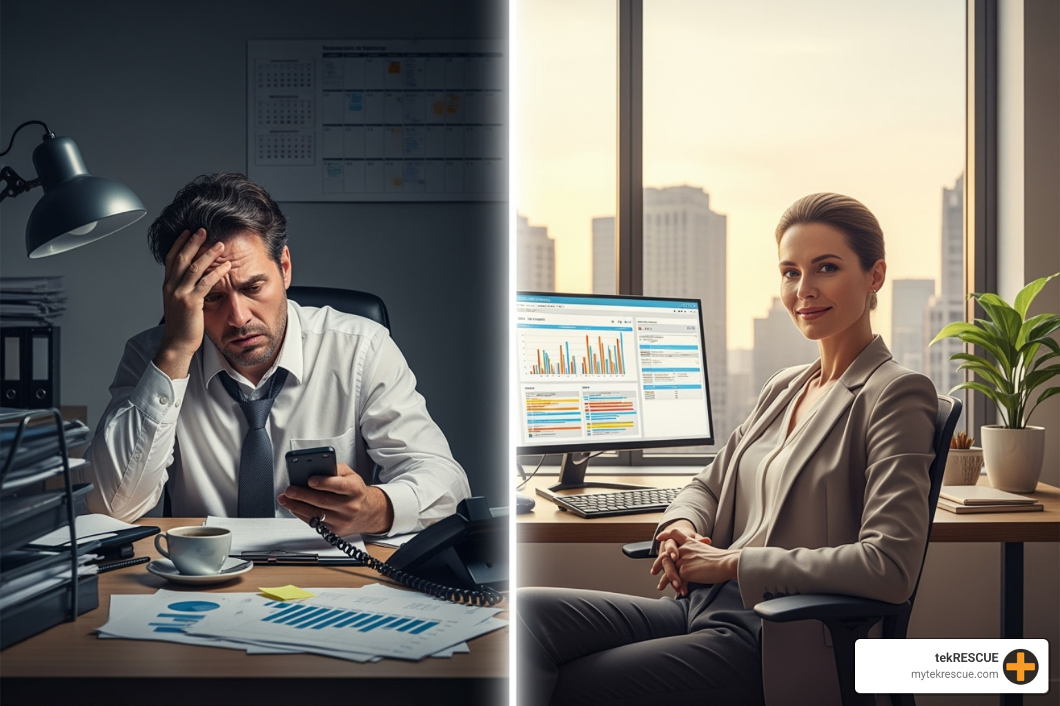split screen stressed vs calm business owner - managed it services kyle tx