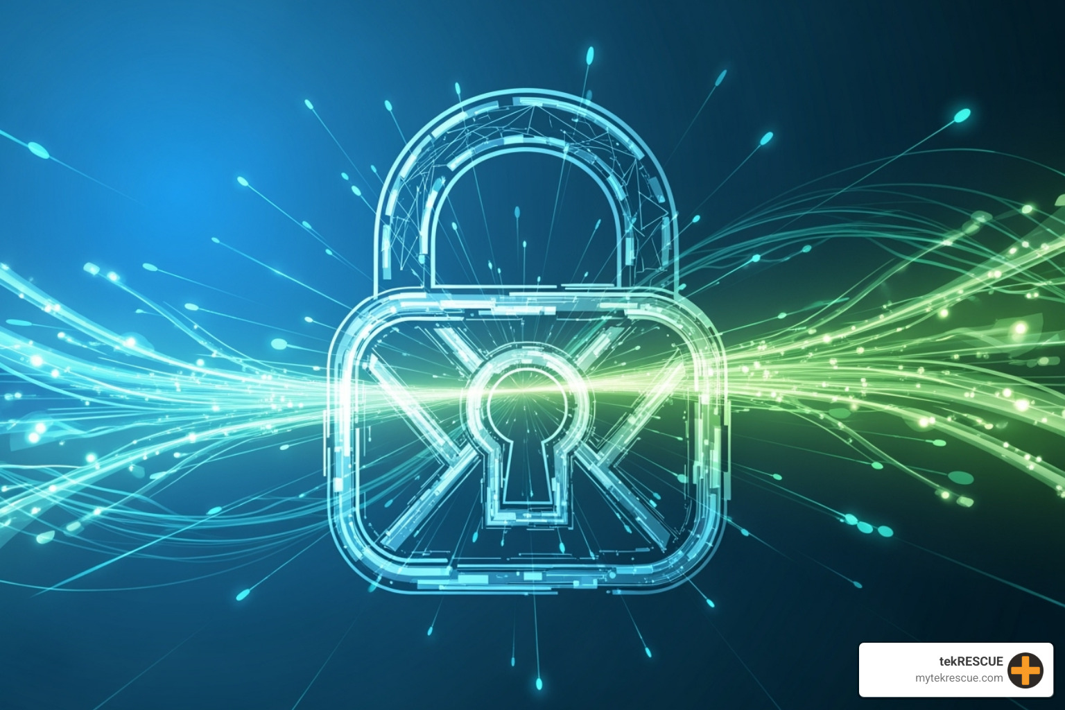 Digital lock icon with data streams flowing through it securely, symbolizing robust cybersecurity and data protection measures - it services company