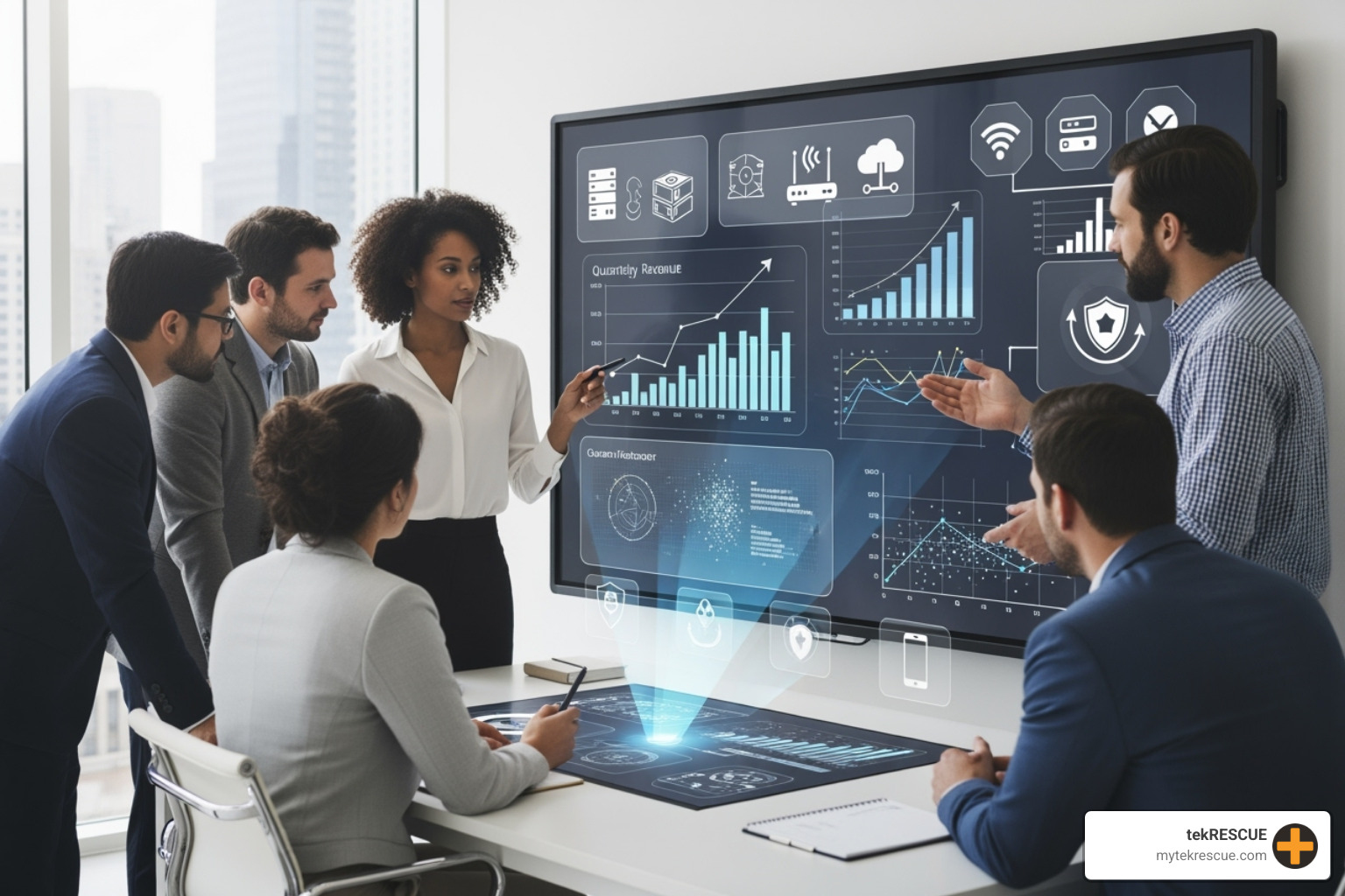 Team collaborating on a digital whiteboard with growth charts and tech icons, symbolizing strategic IT planning and future growth initiatives - it services company
