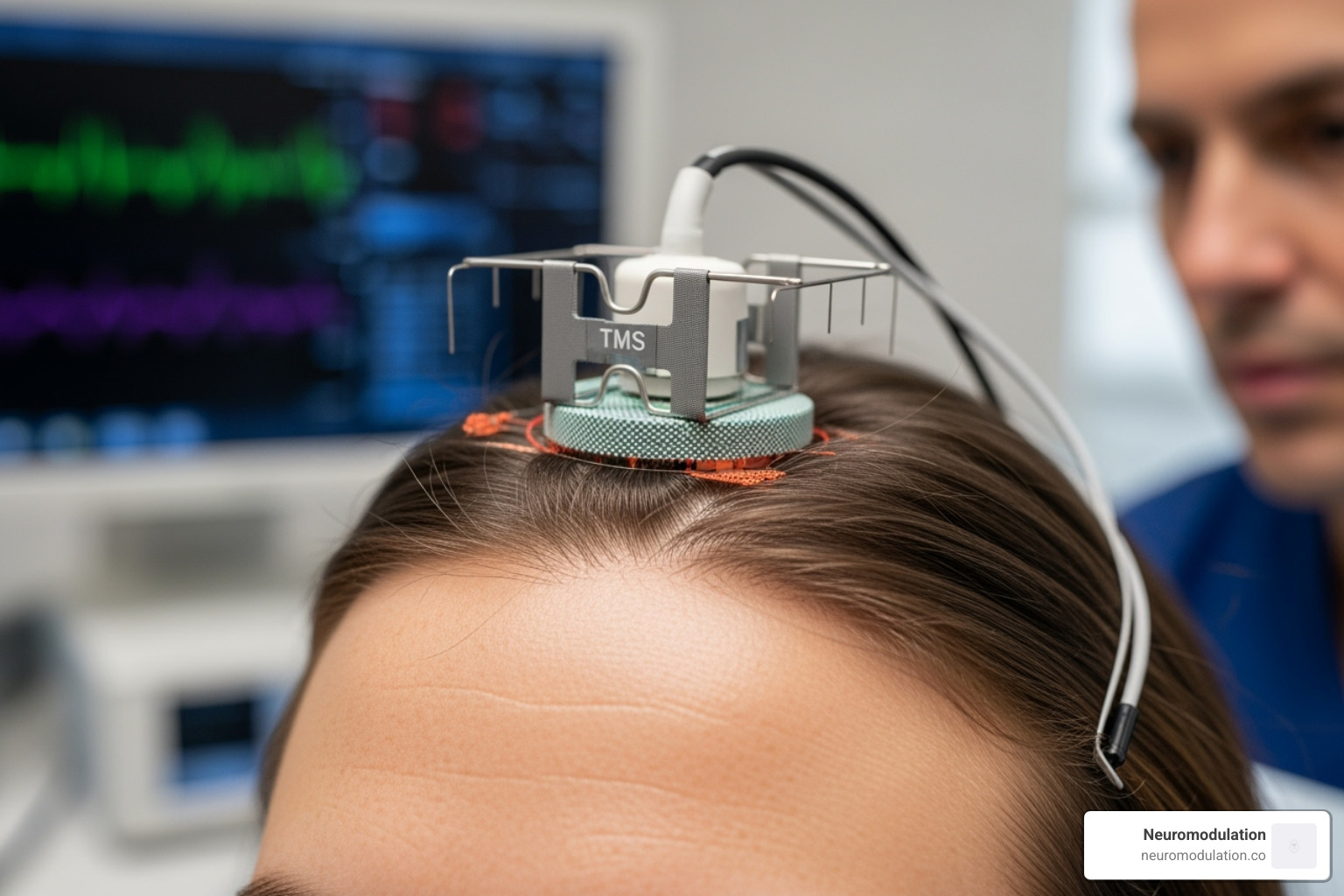 A patient undergoing a brain scan, with a medical professional observing the imaging results on a screen. - motor cortex stimulation