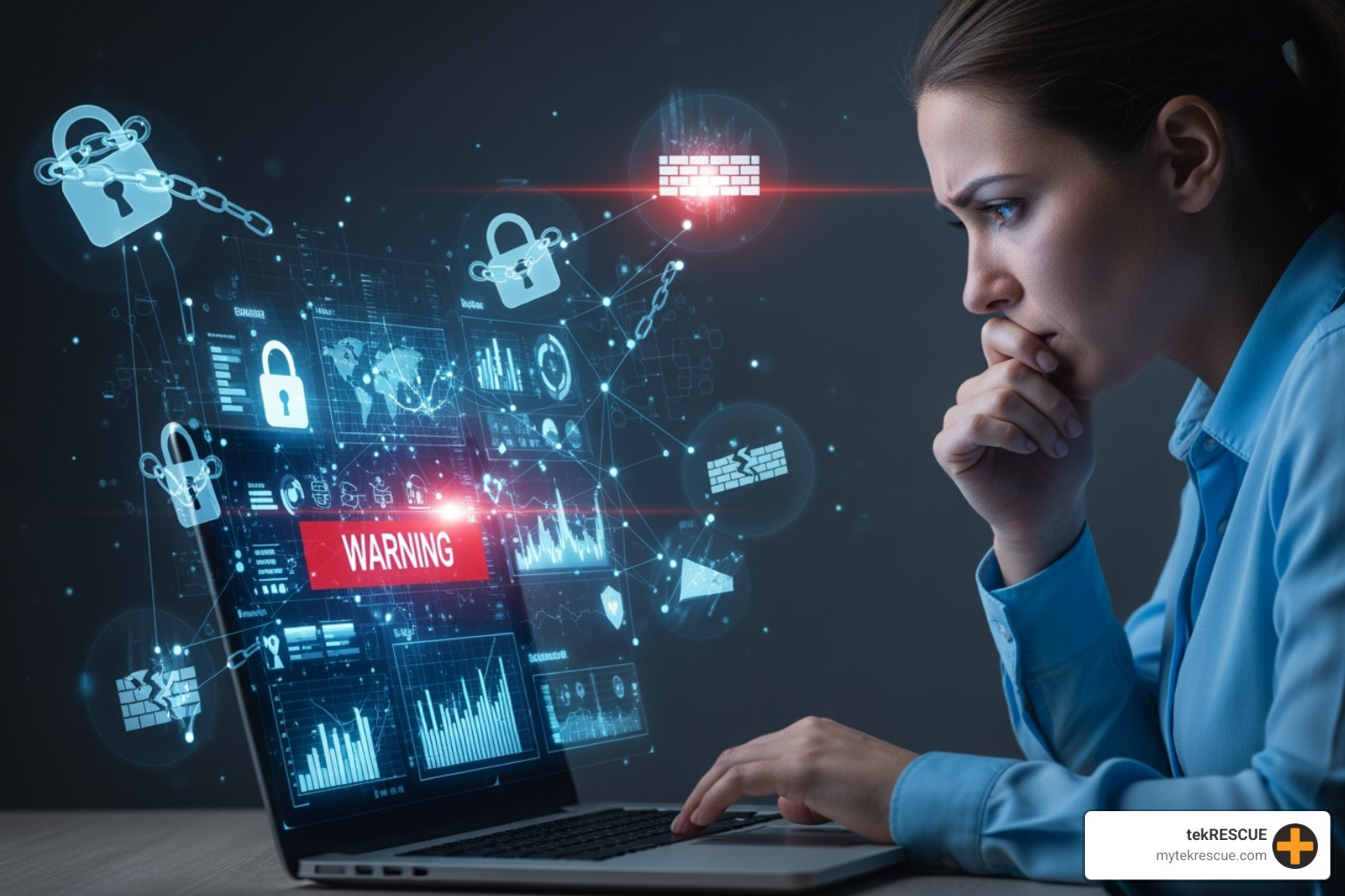 infographic showing small business IT challenges including 60% of small businesses failing after cyberattacks, average cost of $5,600 per minute for security breaches, and comparison of in-house IT costs versus managed services - managed it services kyle tx