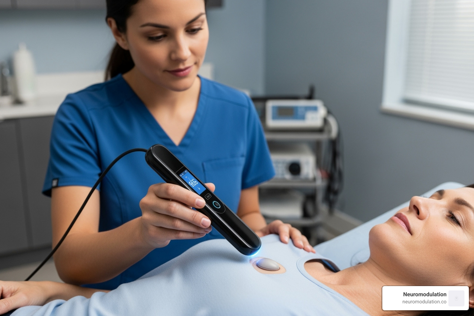A healthcare professional using a programming wand to adjust settings on a VNS device, typically held over the patient's chest - Living with VNS A healthcare professional using a programming wand to adjust settings on a VNS device, typically held over the patient's chest - Living with VNS