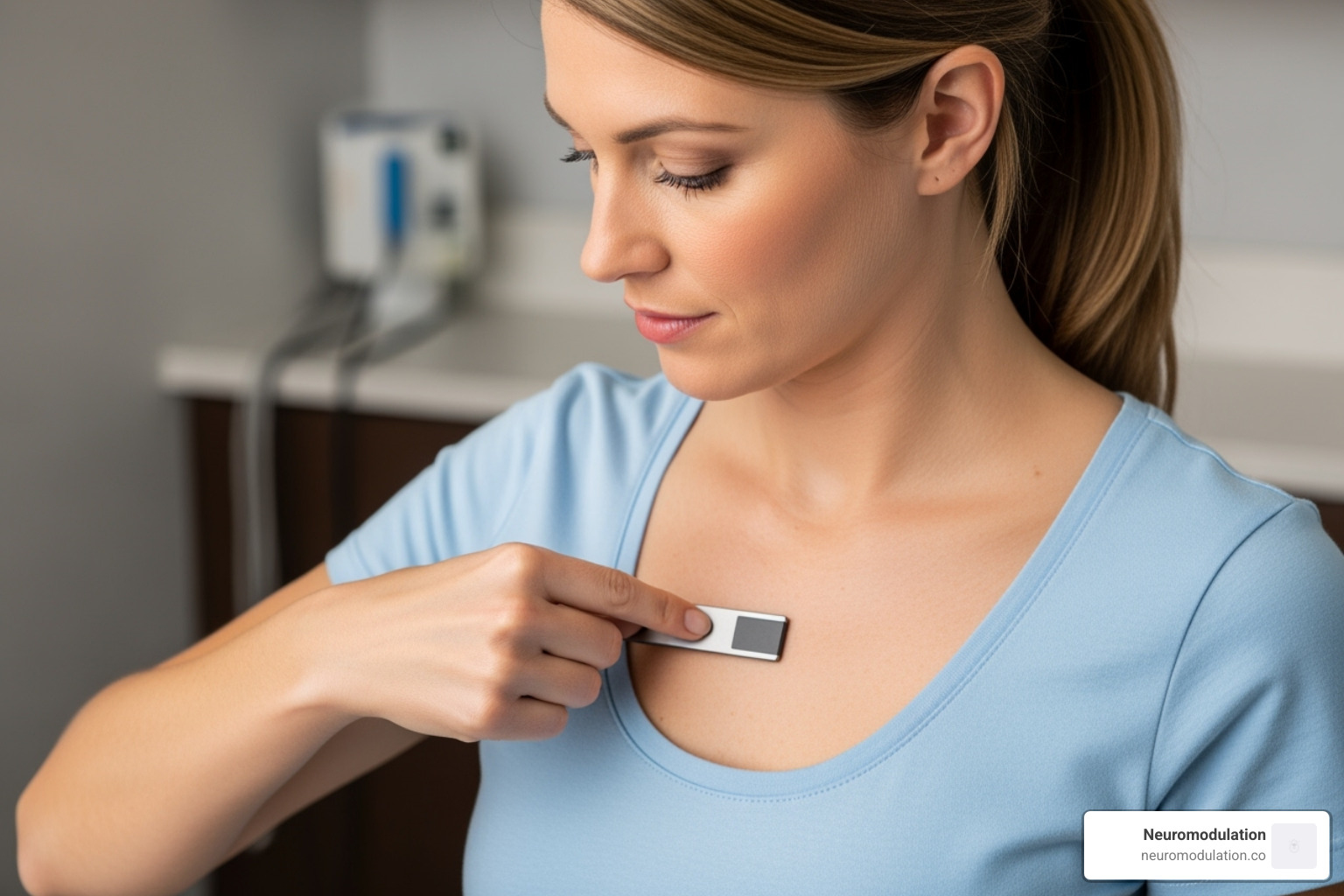 A patient demonstrating how to swipe the VNS magnet over the device implant area on their chest - Living with VNS A patient demonstrating how to swipe the VNS magnet over the device implant area on their chest - Living with VNS