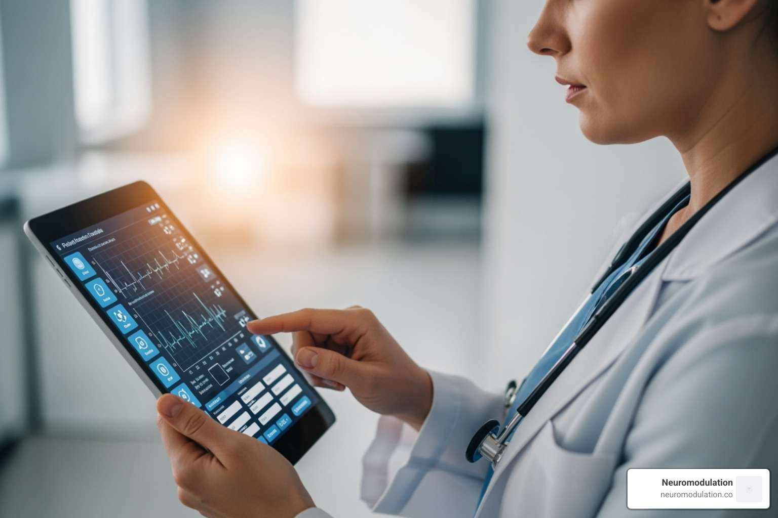 a doctor adjusting VNS therapy settings on a tablet - VNS therapy complications