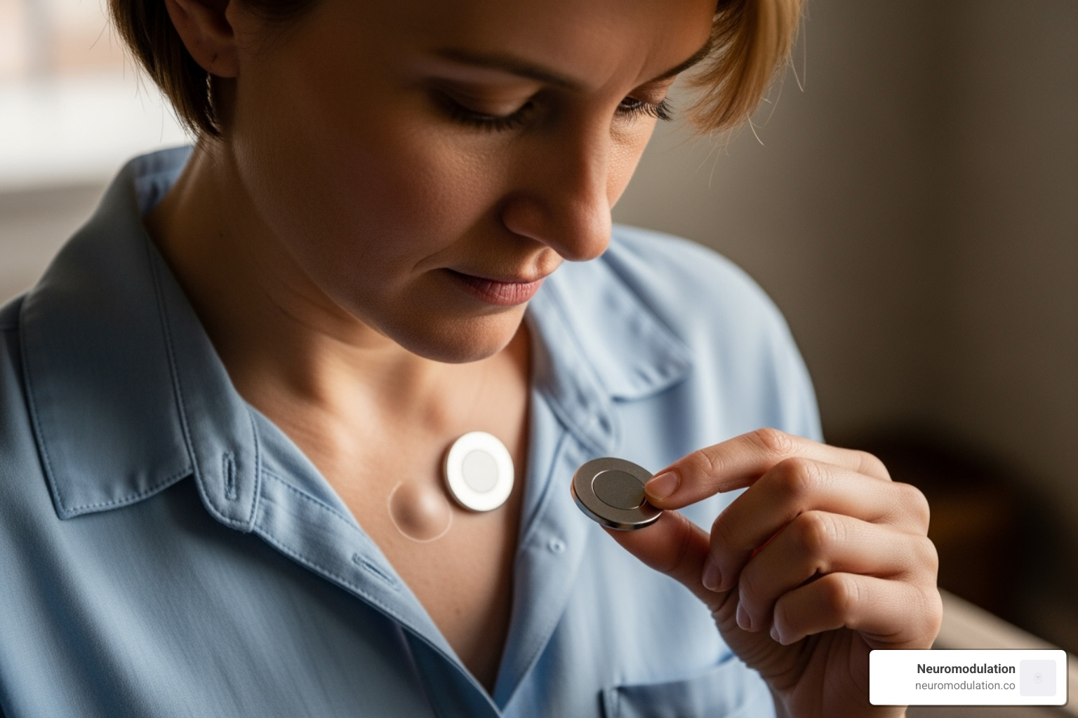 a patient holding the VNS therapy magnet over the generator site - VNS therapy complications