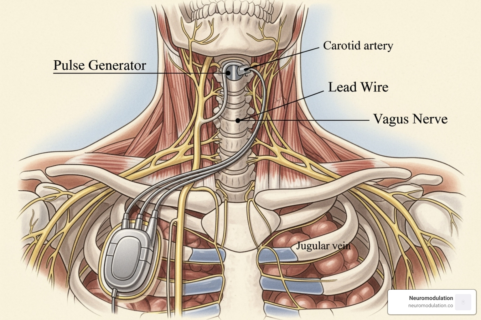 Illustration showing the placement of the VNS device in the chest and the lead wire connected to the vagus nerve in the neck - Living with VNS Illustration showing the placement of the VNS device in the chest and the lead wire connected to the vagus nerve in the neck - Living with VNS