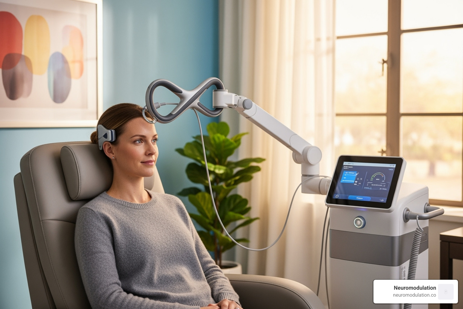 patient comfortably receiving Transcranial Magnetic Stimulation (TMS) - neuromodulation devices