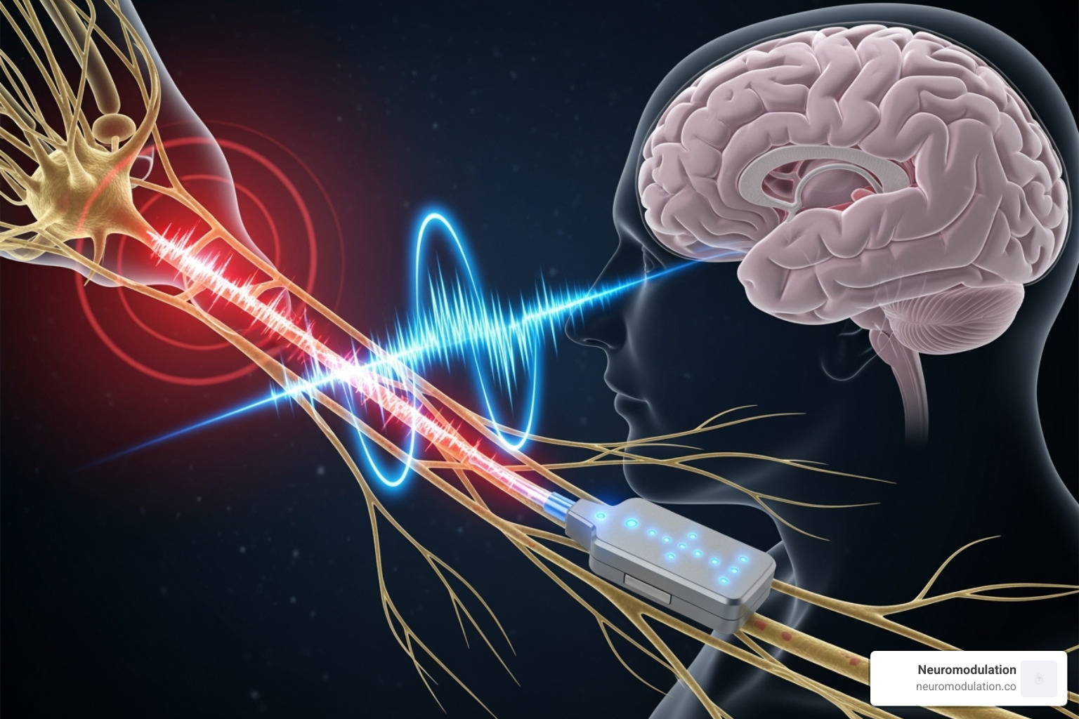 illustrating how a stimulator interrupts a pain signal's path to the brain - neuromodulation