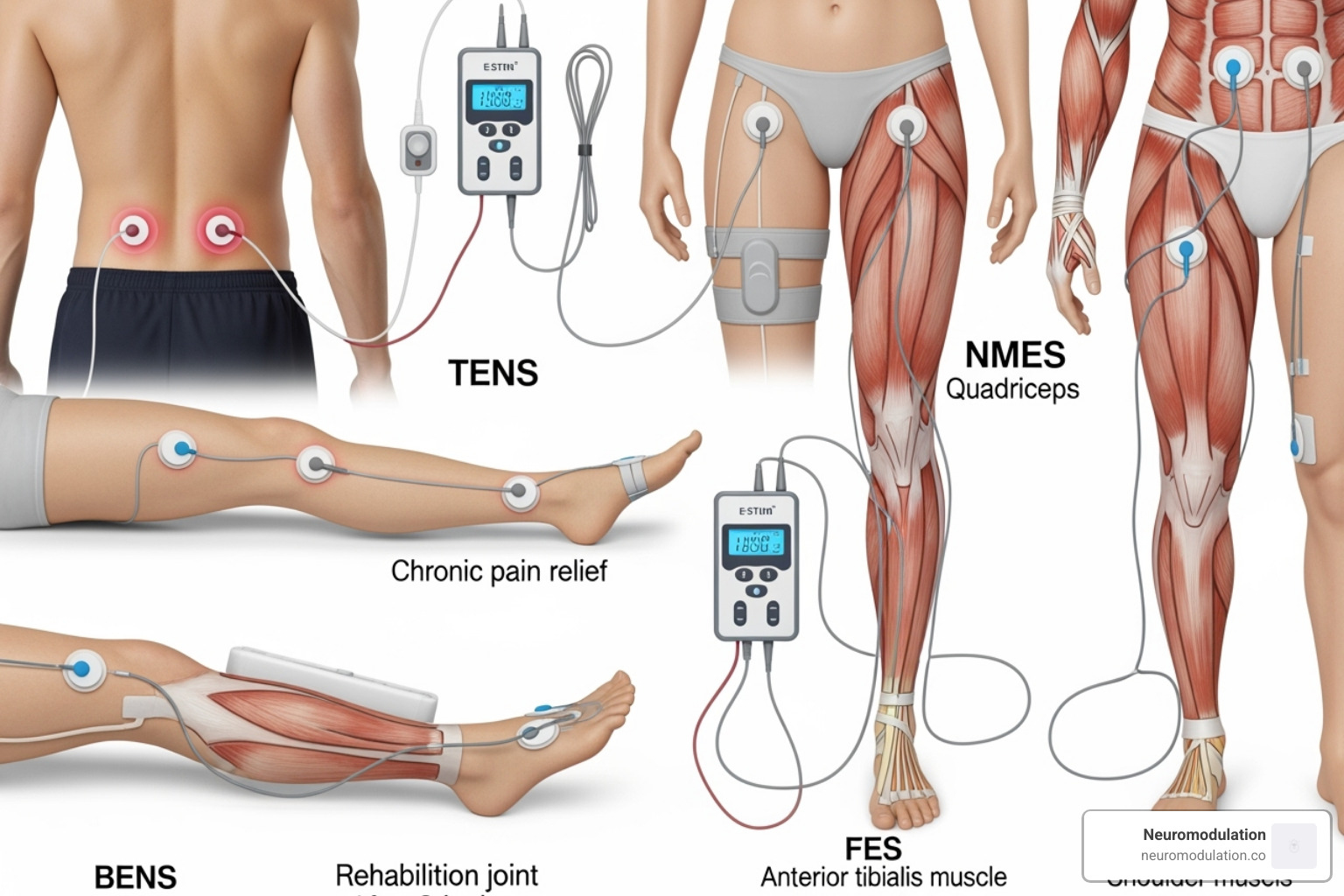 Different types of e-stim devices and electrode placements for various conditions, including TENS, NMES, and FES, showing diverse electrode positions on limbs and torso - electrical stimulation therapy