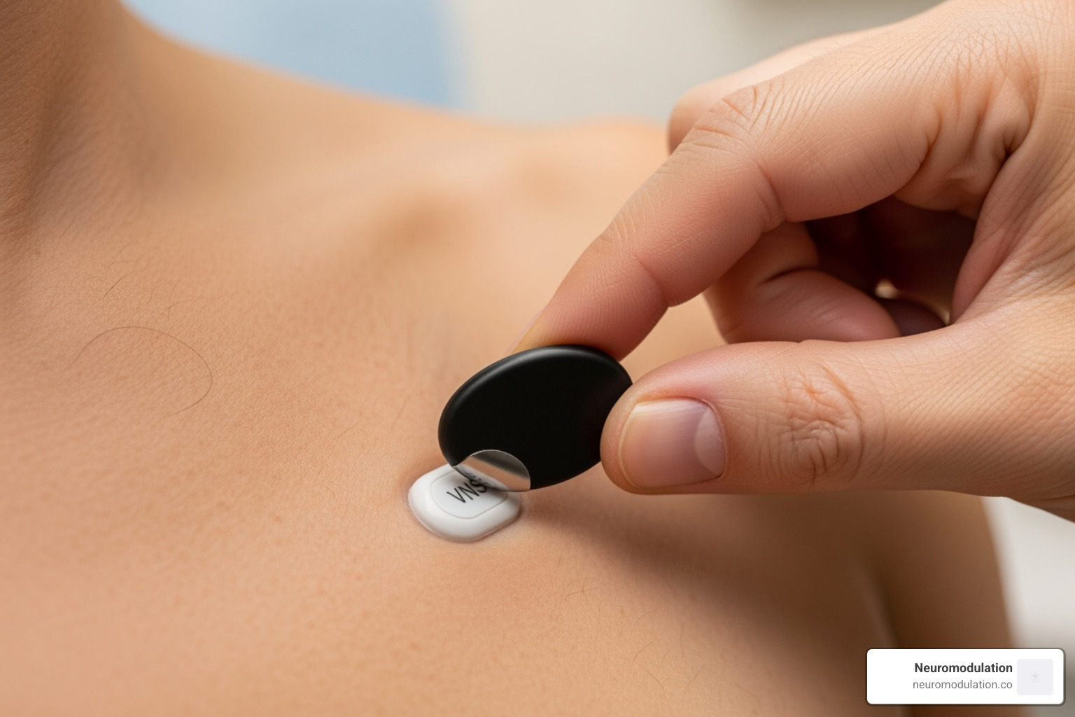 A patient demonstrating the use of the VNS magnet by swiping it over the implanted device in their chest, with a focus on the magnet and the area of implantation - vns A patient demonstrating the use of the VNS magnet by swiping it over the implanted device in their chest, with a focus on the magnet and the area of implantation - vns